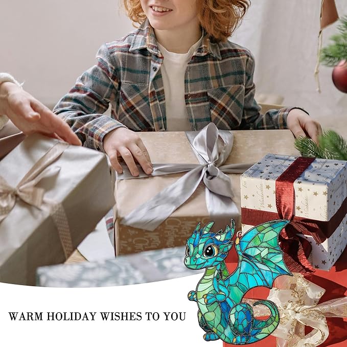 Baby Dragon Stained Glass Style Ornament, Acrylic Window Hanging Suncatcher Decoration, Cute Blue Dragon Fantasy Decor for Christmas Tree, Kids Room or Home, Gift for Women Mom Birthday Holiday
