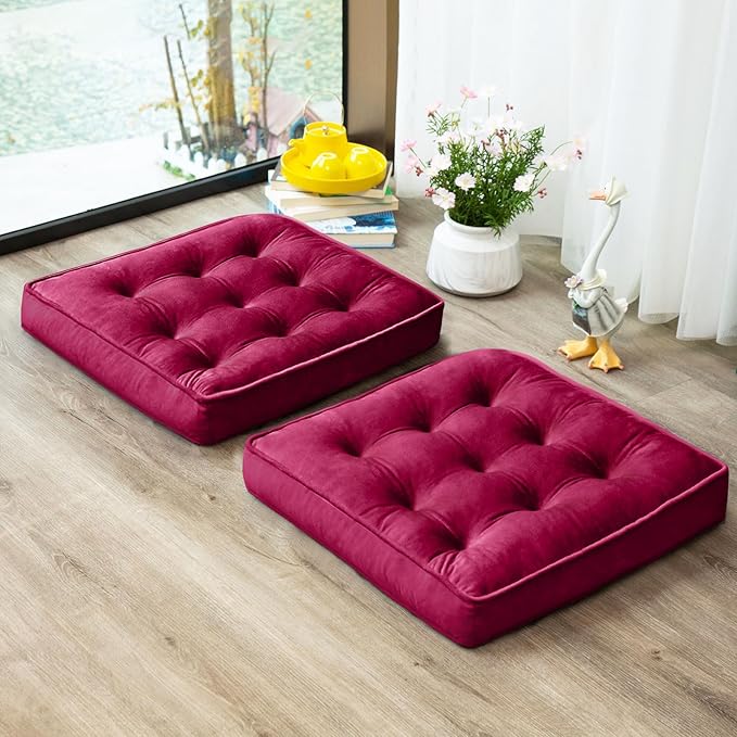 Floor Pillow Set of 2, Memory Foam Meditation Cushion, Floor Cushions for Adults Sitting, Large Square Seat Cushions for Yoga, Living Room, 20x20 Inch (Burgundy)