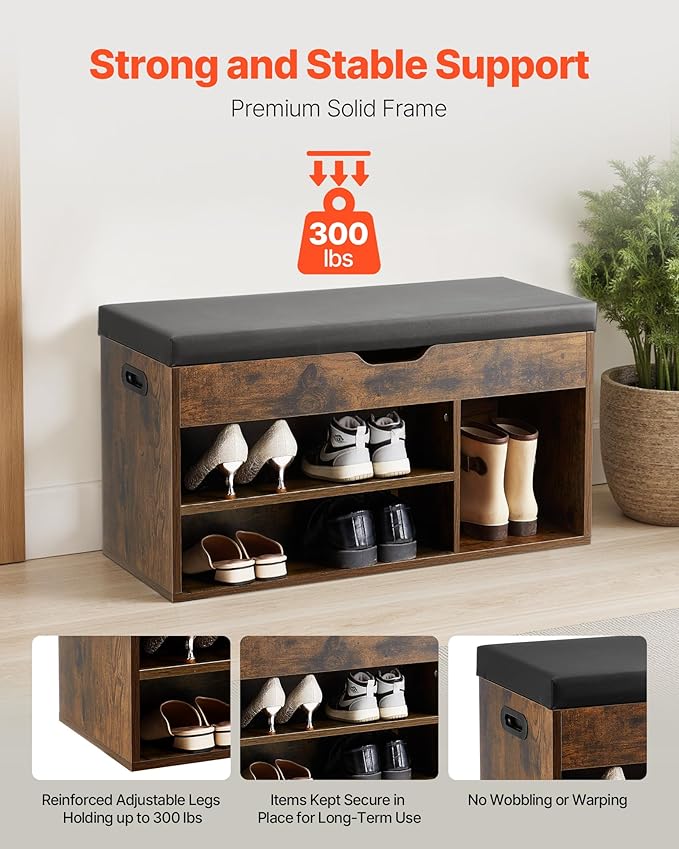VEVOR Shoe Storage Bench with Padded Cushion, Entryway Bench with Hidden Storage, Holds up to 300 lbs, 31.7 x 12.0 x 17.5 Inches, for Entryway, Hallway, Living Room, Bedroom