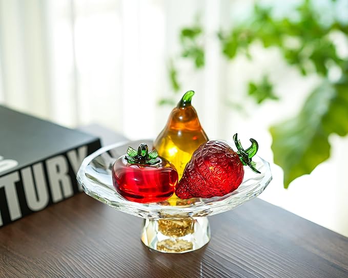 Glass Red Strawberry Figurine Crystal Fruit Collectibles Art Glass Fruits Decoration for Home Office Strawberry Kitchen Decor for Women