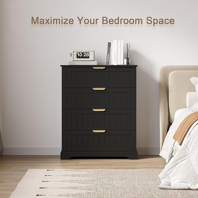 4 Wooden Drawer Dresser for Bedroom Storage, Modern Farmhouse Wood Chest of Drawers with Metal Handles, Wide Storage, Cabinet for Closet, Living Room, or Entryway Black