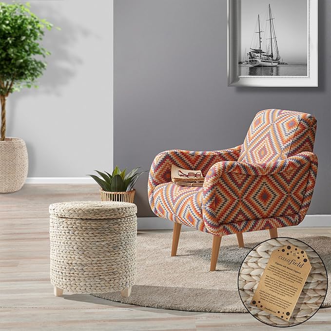 Casafield 17" Round Storage Ottoman with Lid - Whitewash, Handwoven Water Hyacinth Footstool for Living Room, Bedroom, Bathroom, Home Office