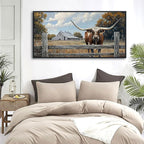 XLSJERST Rustic Wall Art Poster 40x20 Inches - Longhorn Picture Farm Artwork Canvas Picture Brown Cow Wall Decor for Living Room Guest Bath Decoration