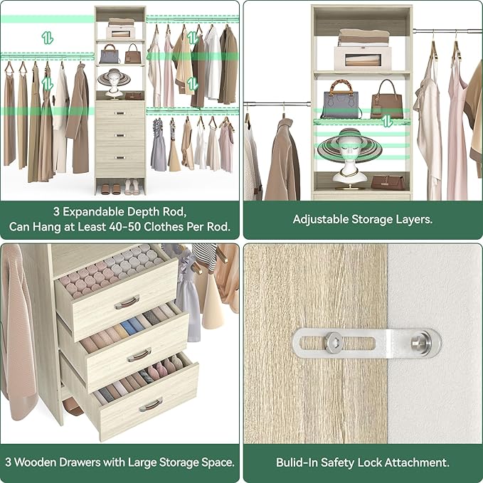 96'' Closet Organizer System with 3 Hanging Rods, 8FT Closet Organizers and Storage with 3 Wooden Drawers, Built in Closet Organizer Systems, Adjustable Walk-in Wardrobe from 2-8FT, Light Oak
