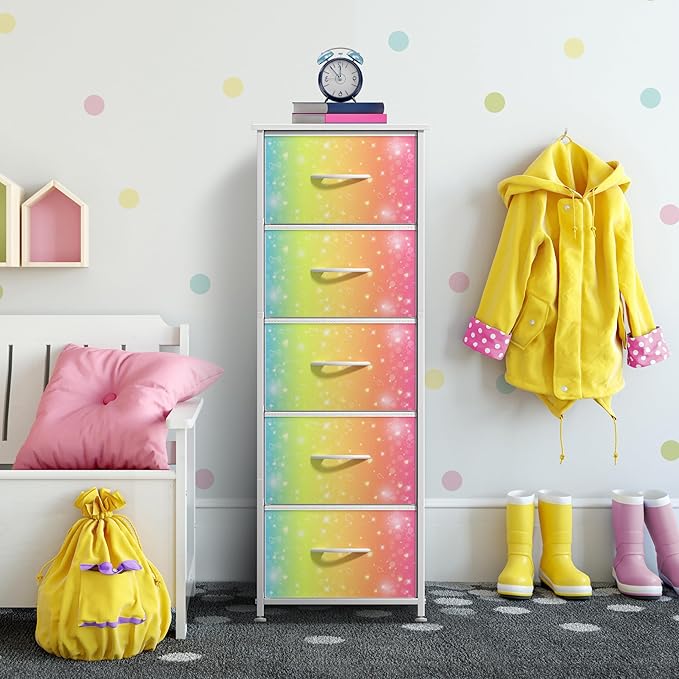 Sorbus Kids Dresser with 5 Drawers - Storage Chest Organizer Nightstand - Steel Frame, Wood Top, Tie-Dye Fabric Bins for Clothes - Wide Furniture for Bedroom, Hallway, Nursery, Closet, & Apartment