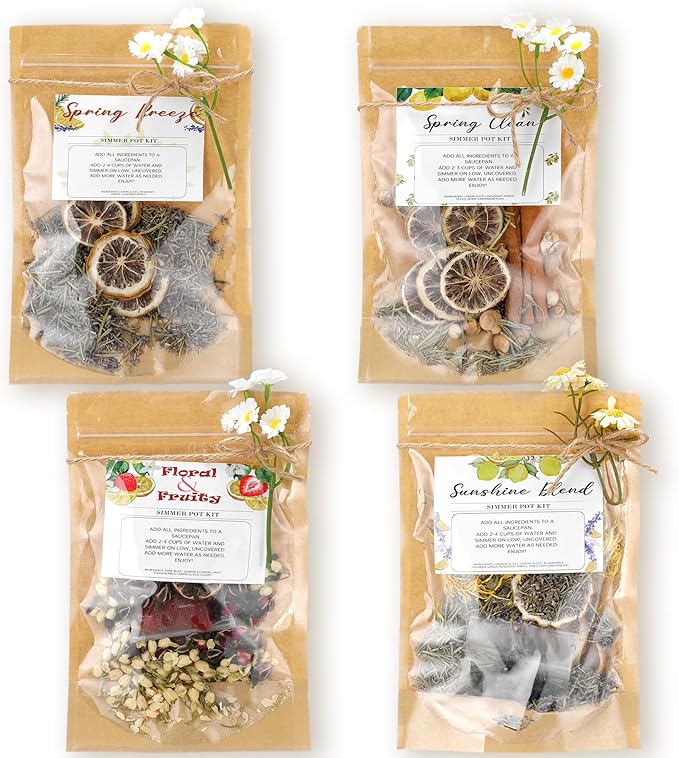 4 Set Spring Clean Potpourri Bags Stovetop Simmering Mix Potpourri Instruction and Sticker Floral Fruity Cinnamon Natural Air Freshener Sachet for Party Craft DIY Gift Housewarming Hostess
