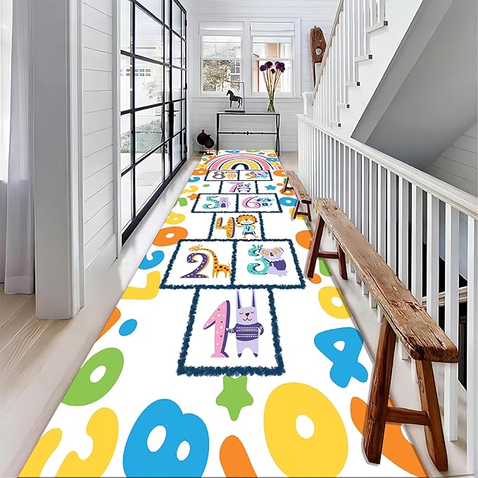 Boho Cartoon Rainbow Living Room Rugs, 4x12ft, Number 123 Hopscotch Game Classroom Floor Area Mat, Soft Reduce Noise Rubber Backed Anti-Slip Washable Carpets for Office Entryway