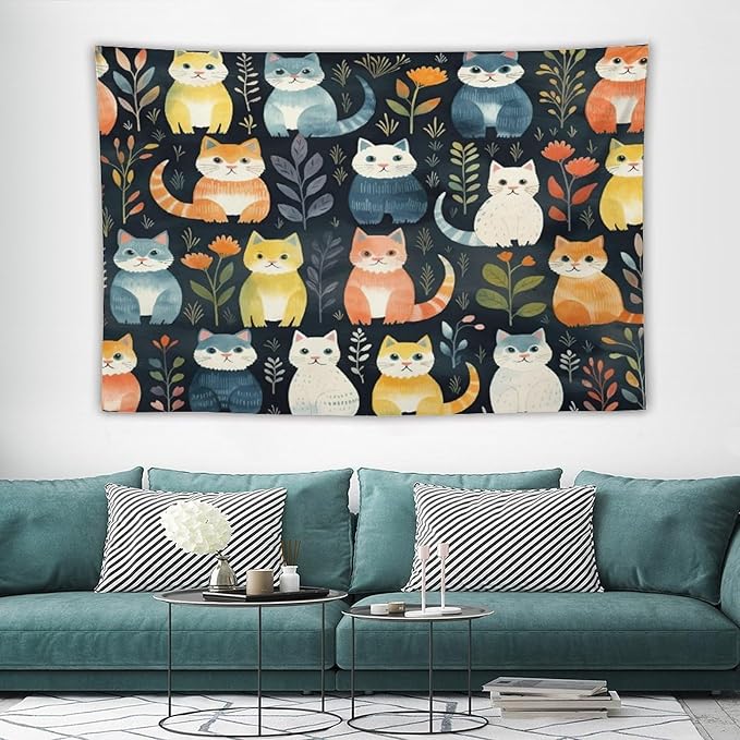 VUMIVI Cartoon Abstract Cat Tapestry Fun Cute Animals Plants Bohemian Modern Art Color Illustration Tapestry Wall Hanging for Living Room Bedroom Dorm Classroom Aesthetic Decor W90xL60in