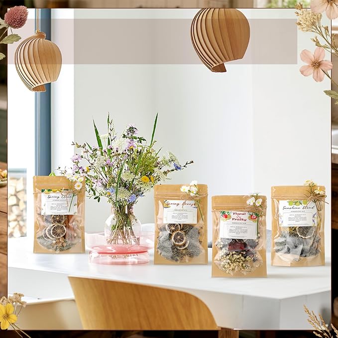 4 Set Spring Clean Potpourri Bags Stovetop Simmering Mix Potpourri Instruction and Sticker Floral Fruity Cinnamon Natural Air Freshener Sachet for Party Craft DIY Gift Housewarming Hostess