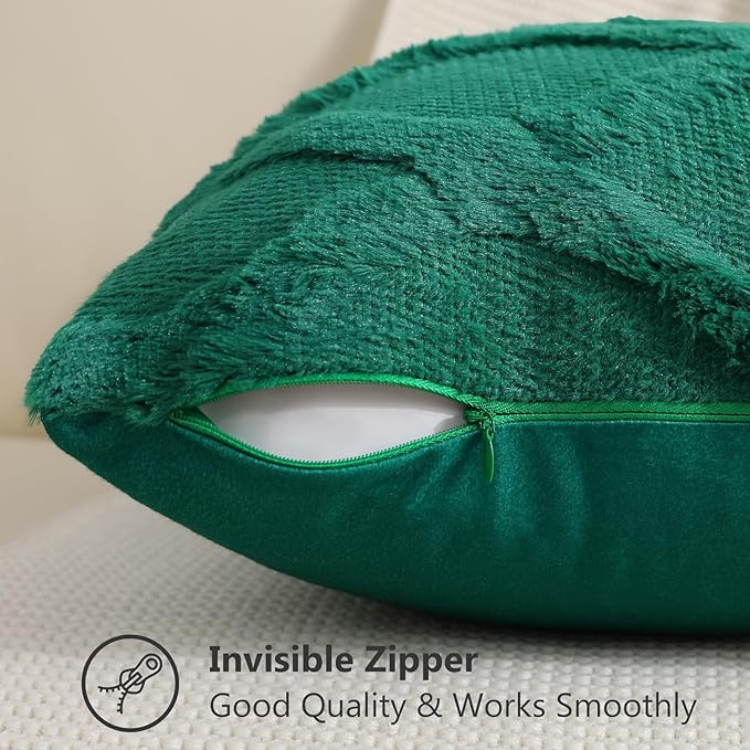 decorUhome Spring Throw Pillow Covers 18x18 Inch Set of 2, Soft Plush Faux Fur Wool Green Couch Pillow Covers, Decorative Neutral Pillow Cases for Bed Sofa Living Room Home Decor