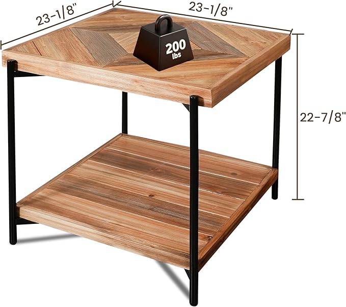 CONSDAN StoneCreek Solid Fir Wood Side Table - Metal Frame, 2-Tier End Table for Living Room/Bedroom/Office, 23" Square Night Stand, Accent Table