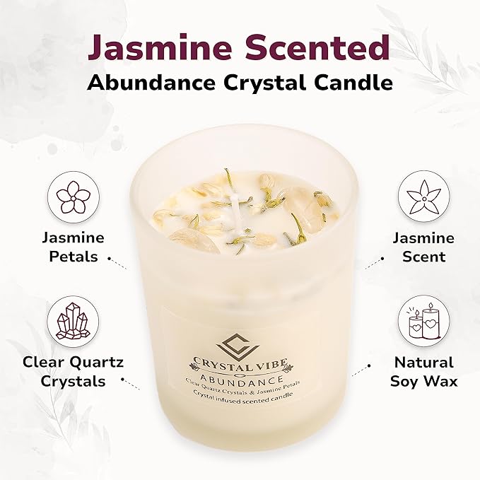 Crystal Vibe Jasmine Scented Candle with Clear Quartz Crystals and Jasmine Petals for Aromatherapy Mditation - Attract Abundance - Natural Soy Candle Gifts for Christams Birthdays