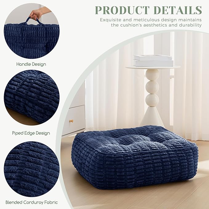 8" Washable Floor Pillow Cushion for Adults, Meditation Cushion Pillow, Removable Tufted Blended Corduroy Cover, Large Square Floor Sitting for Tatami Living Room or Yoga, 2Pack, Machine Washable