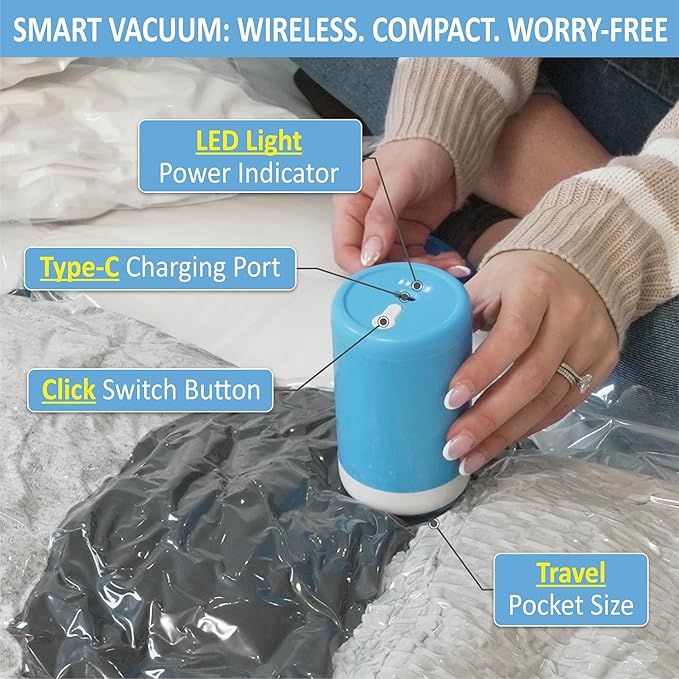 12 Pack Travel Vacuum Storage Bags with Rechargeable Wireless Electric Pump for Luggage, Suitcase, Carry-on Size Vacuum Seal Compression Space Saver Bags for Clothes and Clothing Travel
