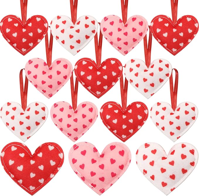 Syhood 12 Pcs Valentine's Day Felt Heart Ornaments Hanging Tree Decor for Wedding, Anniversary, Christmas Party Supplies, Winter Home Decorations(Pink and Red,Simple Style)