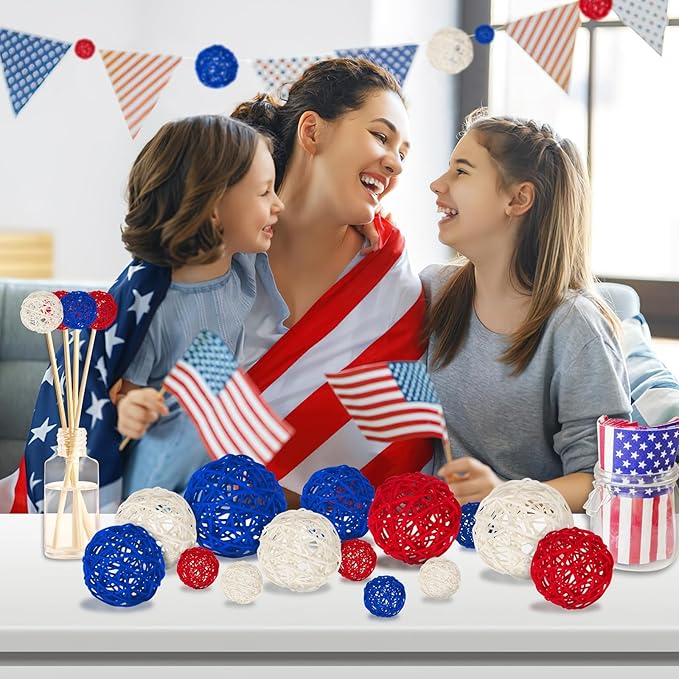 SANNIX 16 Pcs Red White and Blue Rattan Balls 4th of July Vase Filler Wicker Balls Patriotic Decorations 3 Sizes Decorative Balls for Bowls Independence Day Home Table Decor