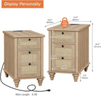 WAMPAT Set of 2 Rattan End Tables with Charging Station, Tall Side Tables Nightstand with Drawer & Storage Cabinet, Light Wood Bedside Table for Bedroom & Living Room, Burlywood