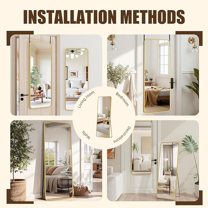 Antok Over The Door Mirror Full Length, 49'' x 14''Wall Mounted Hanging Mirror, Aluminum Alloy Frame, Shatterproof Glass, No Drill Installation for Bedroom, Closet, Bathroom, Dorm, Round Corner,Gold