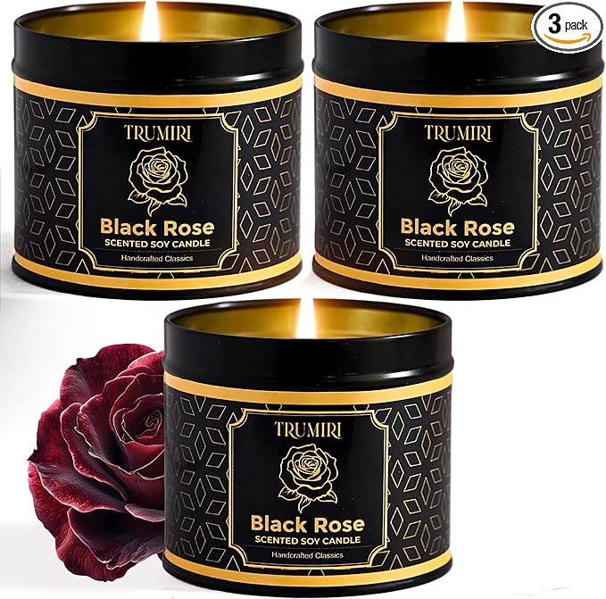 Black Rose Candle Strong Scented Soy Candel Clean Non Toxic Velas Aromáticas Gift for Women 5Oz Decorative Tin Jars with Lids Pack of 3
