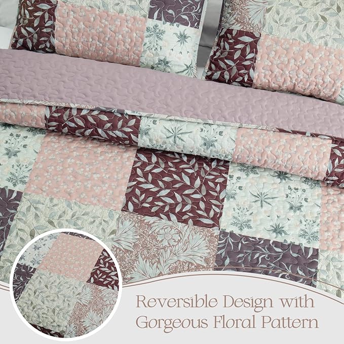 Exclusivo Mezcla Reversible Boho Quilts Queen Size, Brown Bedspreads Lightweight Coverlet All Season Patchwork Quilt Bedding Set with Printed Floral Pattern (1 Quilt, 2 Pillow Shams)