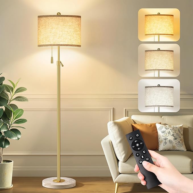 Modern Gold Floor Lamp for Living Room, Floor Lamp with Remote Control, Adjustable Height Standing Lamp with Marble Base & Linen Shade, Dimmable Tall Floor Light for Bedroom, Reading
