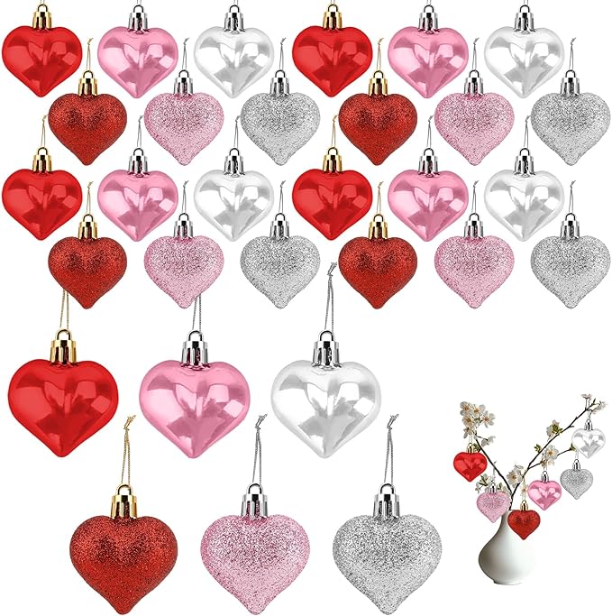 Valentines Day Heart Ornaments, 30Pcs Hanging Heart Ornaments, Glitter Multi-color Heart-shaped Baubles for Outdoor Wedding Anniversary Mother's Day Romantic Galentines Valentines Day Party Decoration