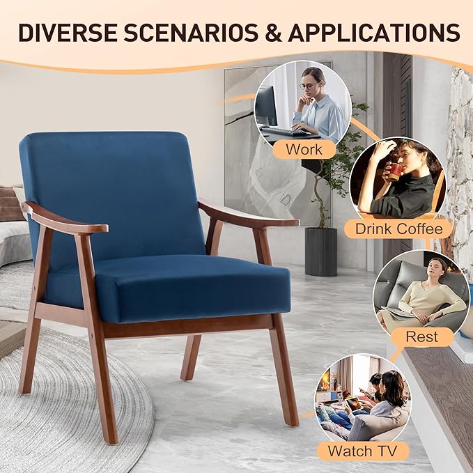 KEIKI Mid-Century Modern Accent Chair with Solid Wood Frame, Upholstered Lounge Chair with Extra-Thick Backrest for Living Room Bedroom Reading Nook