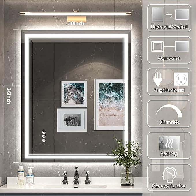 30x36 Inch Led Mirror for Bathroom with Front Light and Backlit, Bathroom Mirror with Led Lights, Vanity Mirror with Lights for Wall, Anti-Fog, Dimmable, Memory Function, Tempered Glass