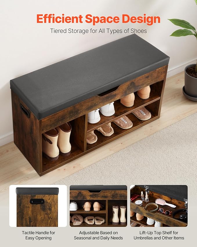 VEVOR Shoe Storage Bench with Padded Cushion, Entryway Bench with Hidden Storage, Holds up to 300 lbs, 31.7 x 12.0 x 17.5 Inches, for Entryway, Hallway, Living Room, Bedroom