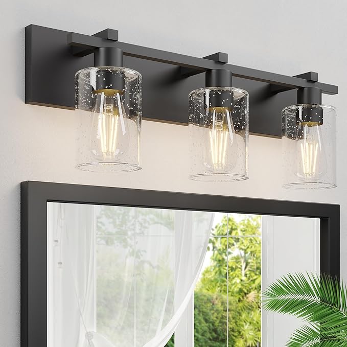 Espird Bathroom Vanity Light,3 Light Matte Black Light Fixture with Thickened Seeded Glass Shade, 21 inch Modern Wall Sconce,Vanity Light Over Mirror for Bathroom