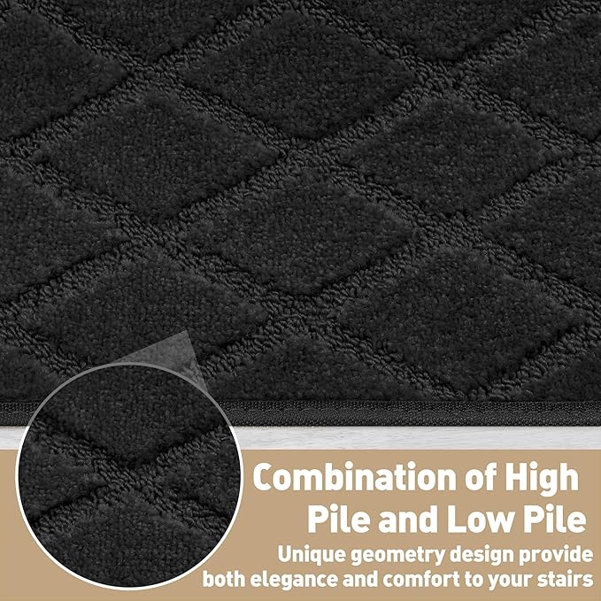 PURE ERA Bullnose Carpet Stair Treads Tape Free Non-Slip Indoor Stair Protectors Pet Friendly Stair Treads for Wooden Steps 9.5" x 30"(14 Pieces,Black Diamond Trellis)