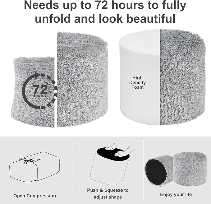 Hansleep Round Pouf Ottoman Foot Rest, 20 x 15 Small Faux Fur Stuffed Pouf for Chair, Foam Filled Foot Stools Ottomans for Living Room, Grey
