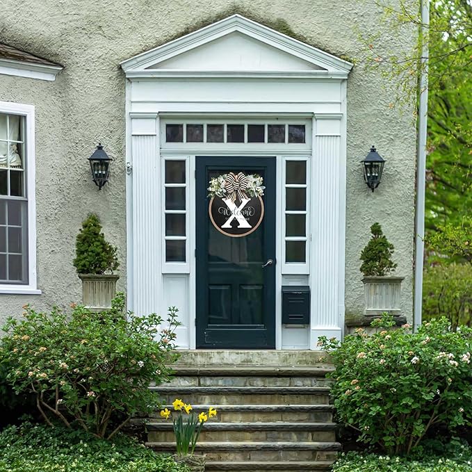 Circular Surname Front Door Welcome Sign - 26 Letter House Wreath, Front Porch Decorations, Year-Round Home Decor (X)