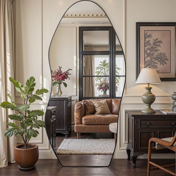 Antok Full Length Mirror, 76"x36" Floor Mirror with Stand, Standing Hanging Leaning Irregular Mirrors for Bedroom Living Room Entryway, Wavy Shaped, Black