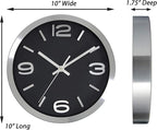 Bernhard Products Modern Wall Clock 10 Inch Black & Silver Silent Non Ticking Battery Operated Metal Round Elegant Quality Quartz, Kitchen Home Office Clock with 3D Numbers, Easy to Read
