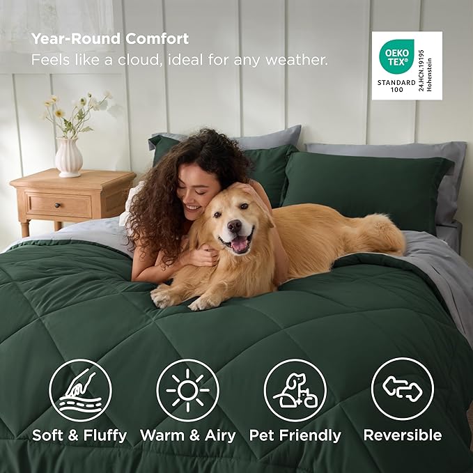 Bedsure King Size Comforter Set - 7 Pieces Reversible Forest Green Bedding, King Size Bed Set for All Seasons, Bed in a Bag with Down Alternative Comforter, Sheets, Pillowcases & Shams