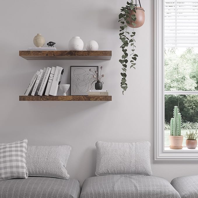Floating Shelf, Set of 1 Wall Shelf, 36 in W x 12.75 in D x 2 in H Wooden Floating Wall Shelf with Invisible Brackets for Living Room/Bedroom/Bathroom/Kitchen Storage and Decor, Rustic Brown