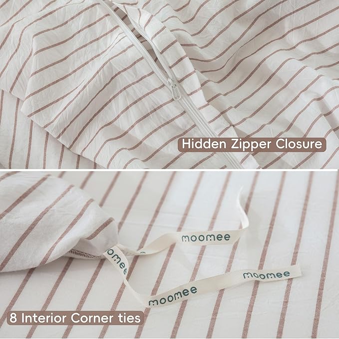 MooMee Striped Duvet Cover Set 100% Washed Cotton Linen Like Textured Breathable Durable Soft Comfy (White Orange Wide Stripes, Twin 68"x90")