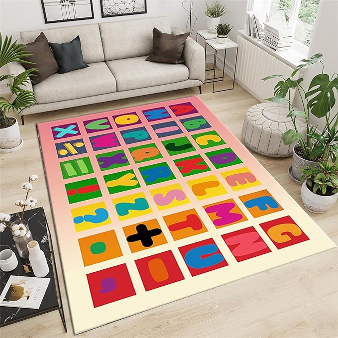 Kids Area Rug English Characters ABC and Math Symbols Learning Carpets, Lovely Cartoon Pink Washable Foldable Door Mat Ideal for Living Dining Room Bedside Kids Girls Bedroom, 4x6ft