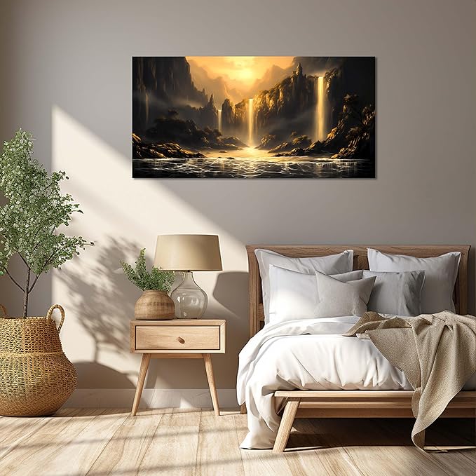 Mountain Pictures Wall Art for Living Room Waterfall Canvas Wall Decor Office Black and Gold Wall Art Bedroom Size 20" x 40"