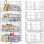 Divided 4-Tier Stackable Closet Organizers and Storage Basket, Foldable Closet Shelf Organizer Systems for Clothing Sweaters, Wardrobe Cupboard, White