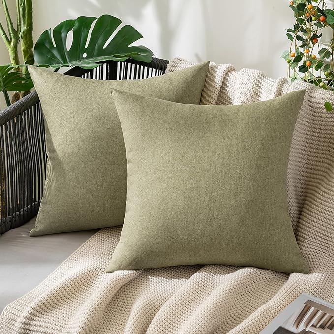 MIULEE Pack of 2 Decorative Outdoor Solid Waterproof Throw Pillow Covers Spring Faux Linen Garden Farmhouse Cushion Cases for Patio Tent Balcony Couch Sofa 18x18 Inch Light Olive Green