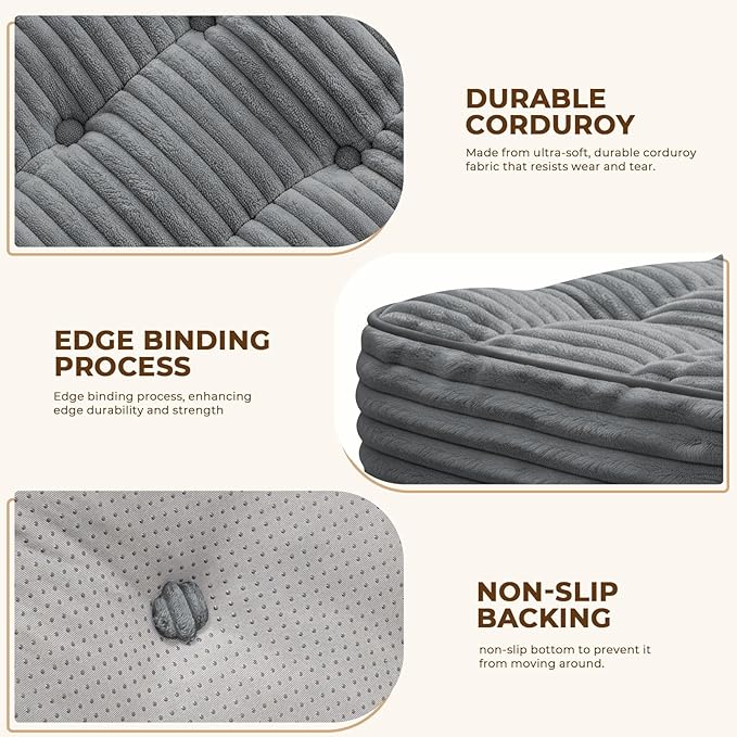 Square Pouf Ottoman, Boho Stuffed Poufs Ottoman Foot Rest with Memory Foam Filled 21.6 x 15.7 inches Modern Corduroy Foot Rest Stool for Living Room, Gray