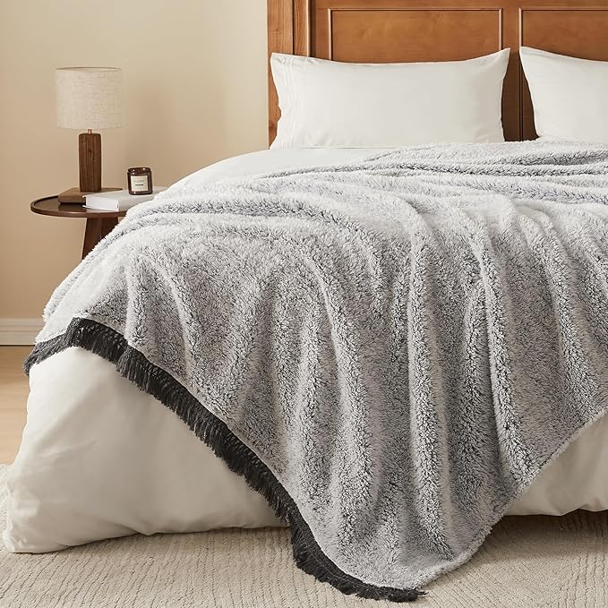 EMME Soft Sherpa Fleece Blanket with Tassel, Reversible Plush Fluffy Large Blanket, Light Weight Warm Decorative Boho Blanket Cover for Sofa, Couch, Bedroom,Travel(Tassel Grey,108"x90")