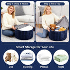 Tiita Round Stuffed Pouf Ottoman, Stripe Faux Fur Poufs with Foam Chunk Filling, Furry and Fluffy Pouf 21×21×12 inch Foot Stool Storage Ottoman,Puff Office Foot Rest for Couch Living Room, Navy Blue