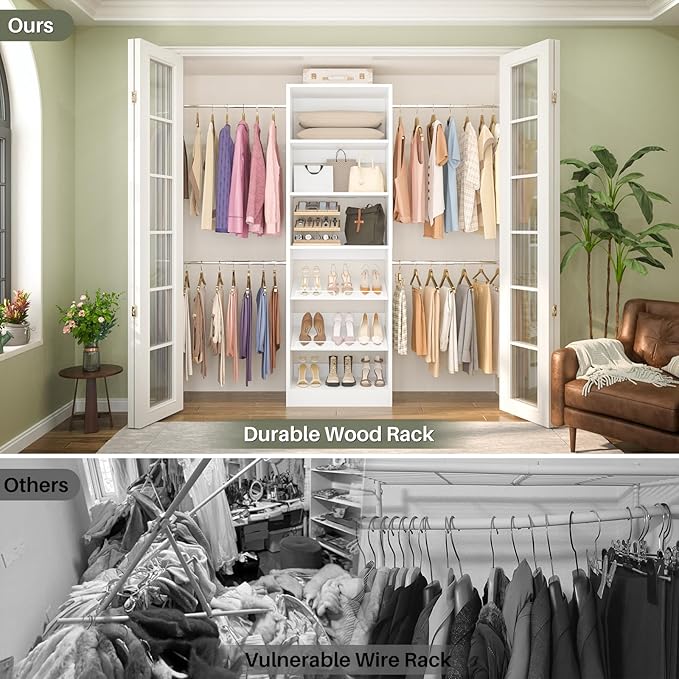 Unikito Closet System, 4-8Ft Wood Closet Organizer Starter Kit with Tower and 4 Extendable Hanging Rods, Walk-in Closet Organizer Wardrobe Clothes Rack with Adjustable Shelves, Garment Rack, White