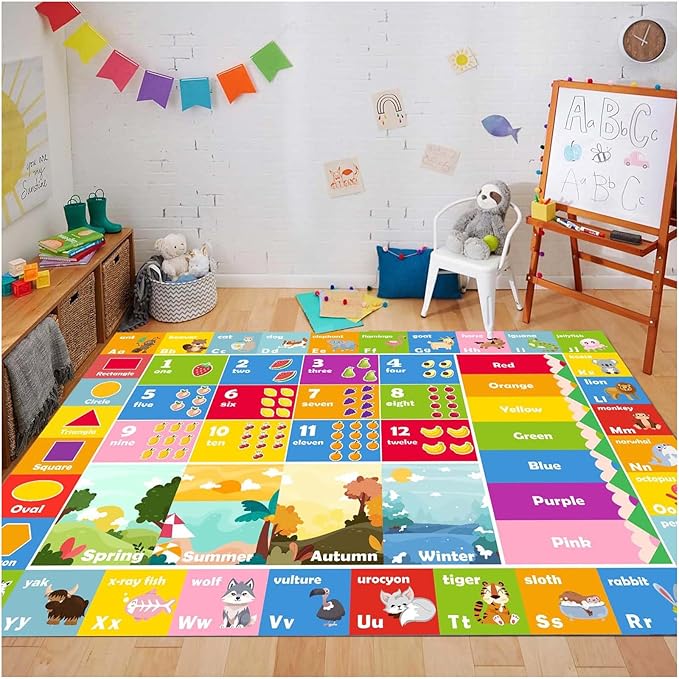 5'2" x 7'11" Kids Rug ABC Rug, Play Mat for Kids Playroom ABC Educational Area Rug for Playroom Classroom Elementary Preschool Rugs wtih Numbers Animals