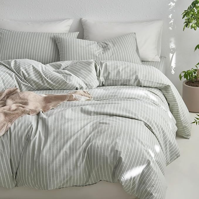 MooMee Striped Duvet Cover Set 100% Washed Cotton Linen Like Textured Breathable Durable Soft Comfy (Sage Green White Wide Stripes, Super King Plus 120"x120")