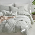 MooMee Striped Duvet Cover Set 100% Washed Cotton Linen Like Textured Breathable Durable Soft Comfy (Sage Green White Wide Stripes, Twin 68"x90")