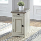 Signature Design by Ashley Bolanburg Farmhouse Chair Side End Table, 2 USB Ports, Pull-out Tray, Wood, 14" W x 24.25" D x 23" H, Antique Cream & Brown